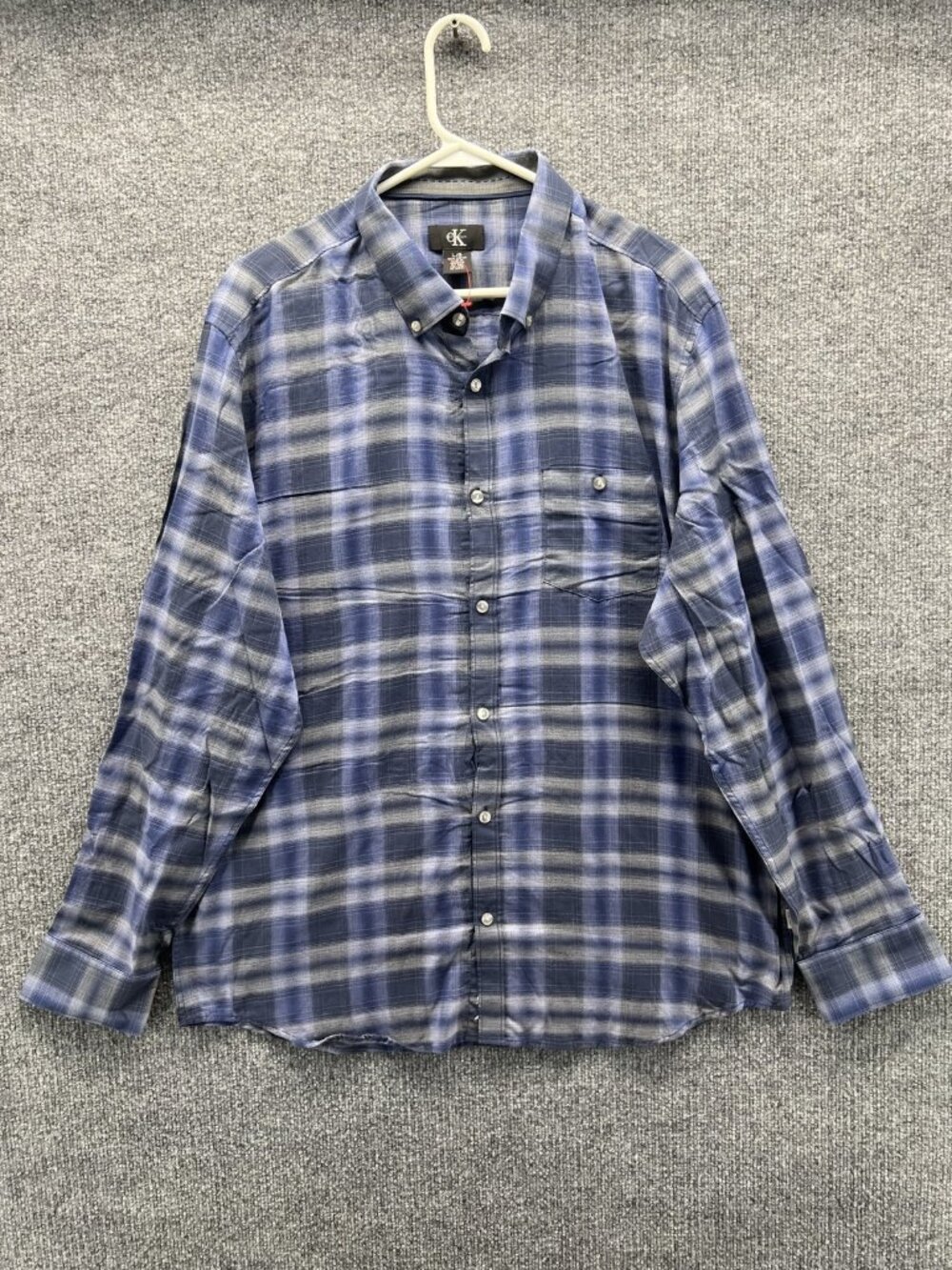 Calvin Klein Shirt Men Large Blue Plaid Long Sleeve Button Up Cotton Casual